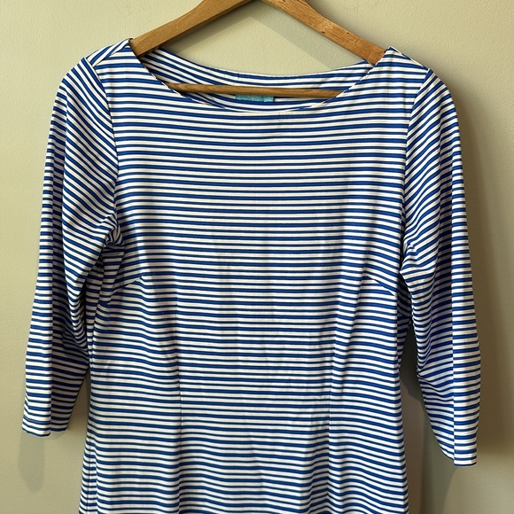 J McLaughlin Stretchy Striped Blue and White boatneck Dress M - Picture 2 of 9